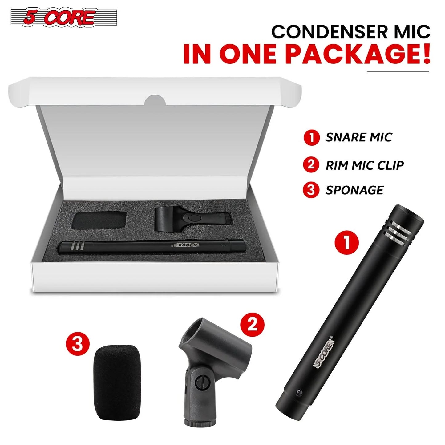 5Core Instrument Microphone Professional XLR Cardioid Pencil Stick Condenser Mic Black